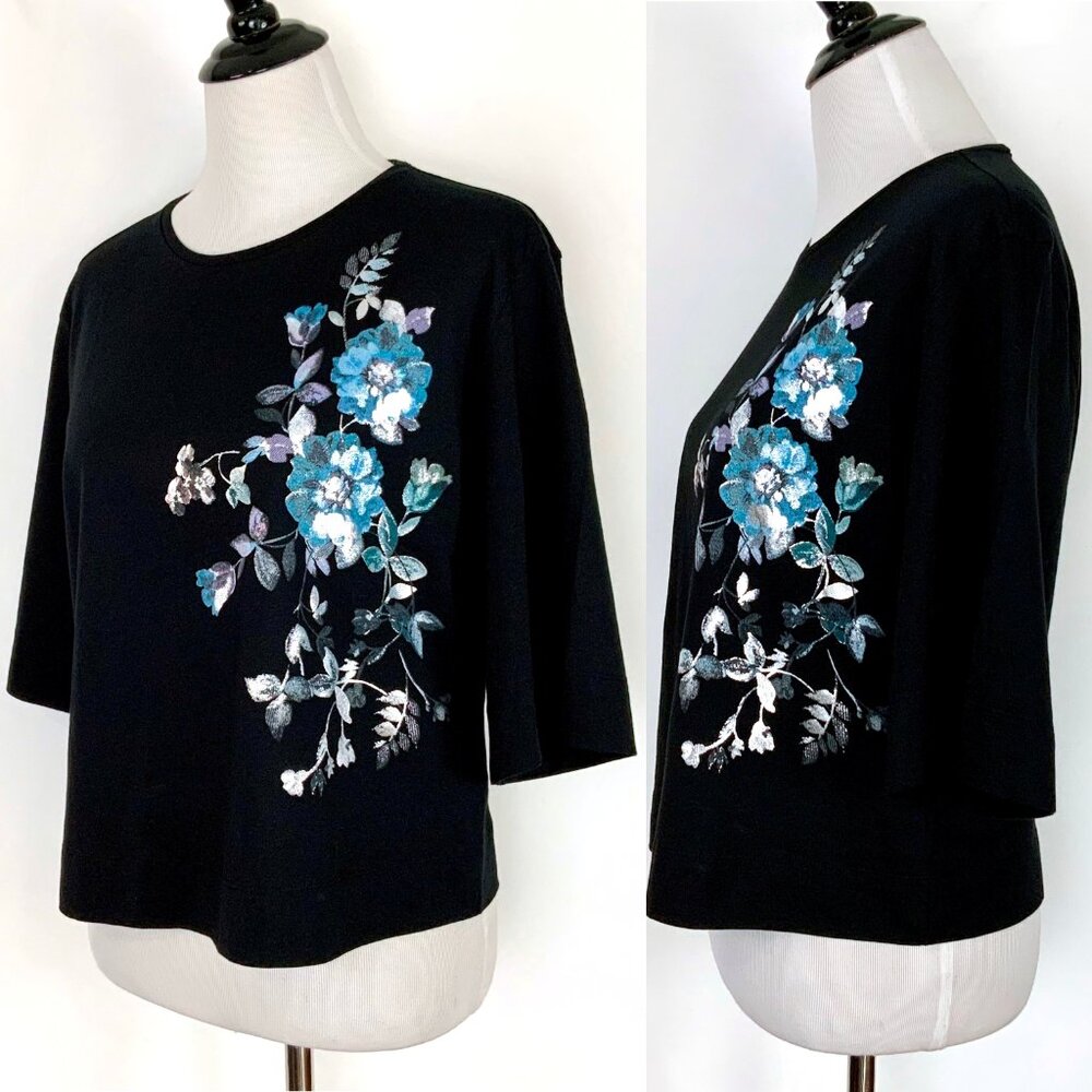 New Sisley Women's Black T-Shirt Floral Print Sz M - Picture 5 of 16